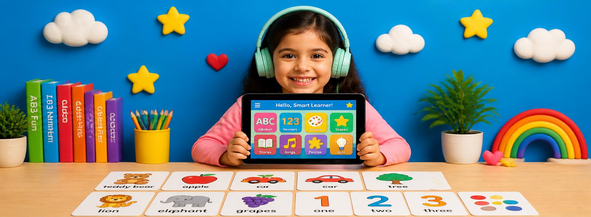 Criança usando fones de ouvido e aprendendo com o livro infantil bilíngue